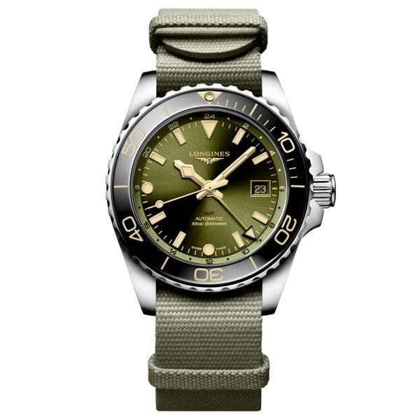 Longines HydroConquest GMT Automatik 41mm Grün Nato-Armband Uhr Herren Taucheruhr L3.790.4.06.2 Soldat 
