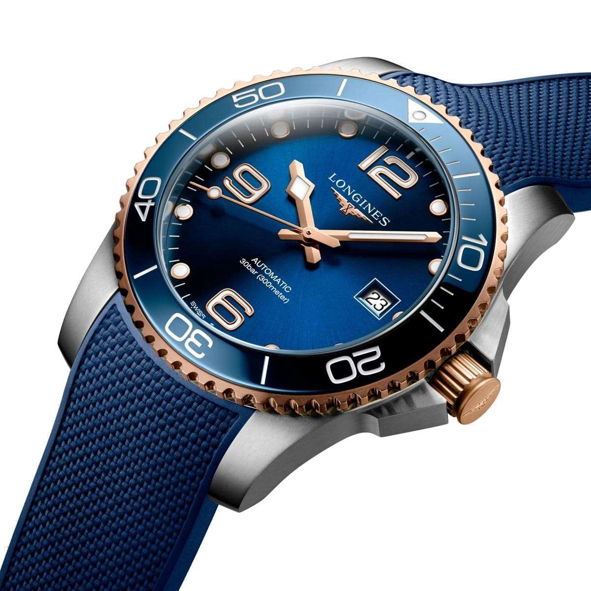 Longines HydroConquest Automatic 41mm Bicolor Blau Rosegold Kautschuk Armband L3.781.3.98.9