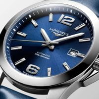 Longines Conquest Herrenuhr Automatik 41mm Blau Leder-Armband L3.777.4.99.0 Detail