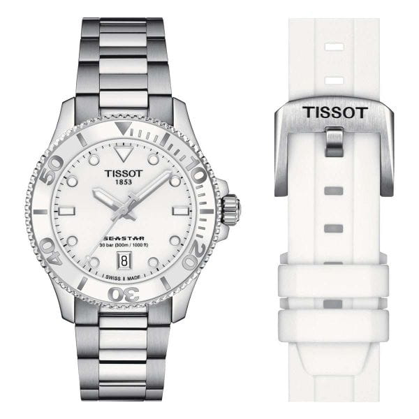 Tissot Seastar 1000 Quarz 36mm Uhr Damen Herren Silber Weiß T120.210.11.011.00 Set