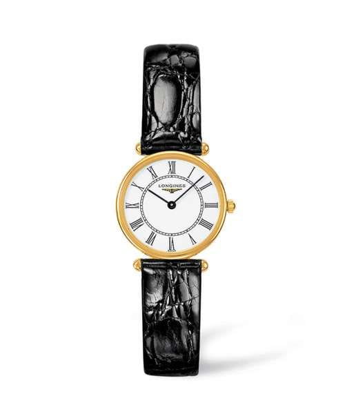Longines Agassiz Damenuhr 23mm Gold Zifferblatt weiß Leder-Armband schwarz L4.191.6.11.0 zum günstigen Preis online kaufen | UHREN01