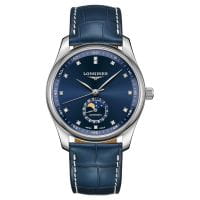 Longines Master Collection 40mm Blau Diamanten Mondphase Leder-Armband L2.909.4.97.0